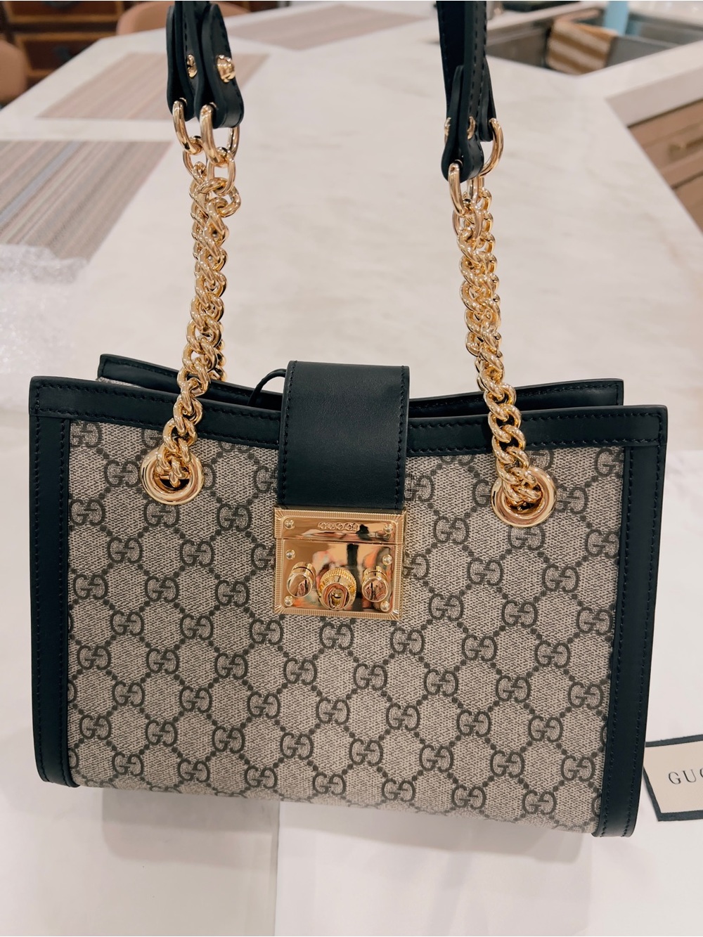 Gucci Black & Beige GG Canvas Shoulder Bag with Gold Hardware